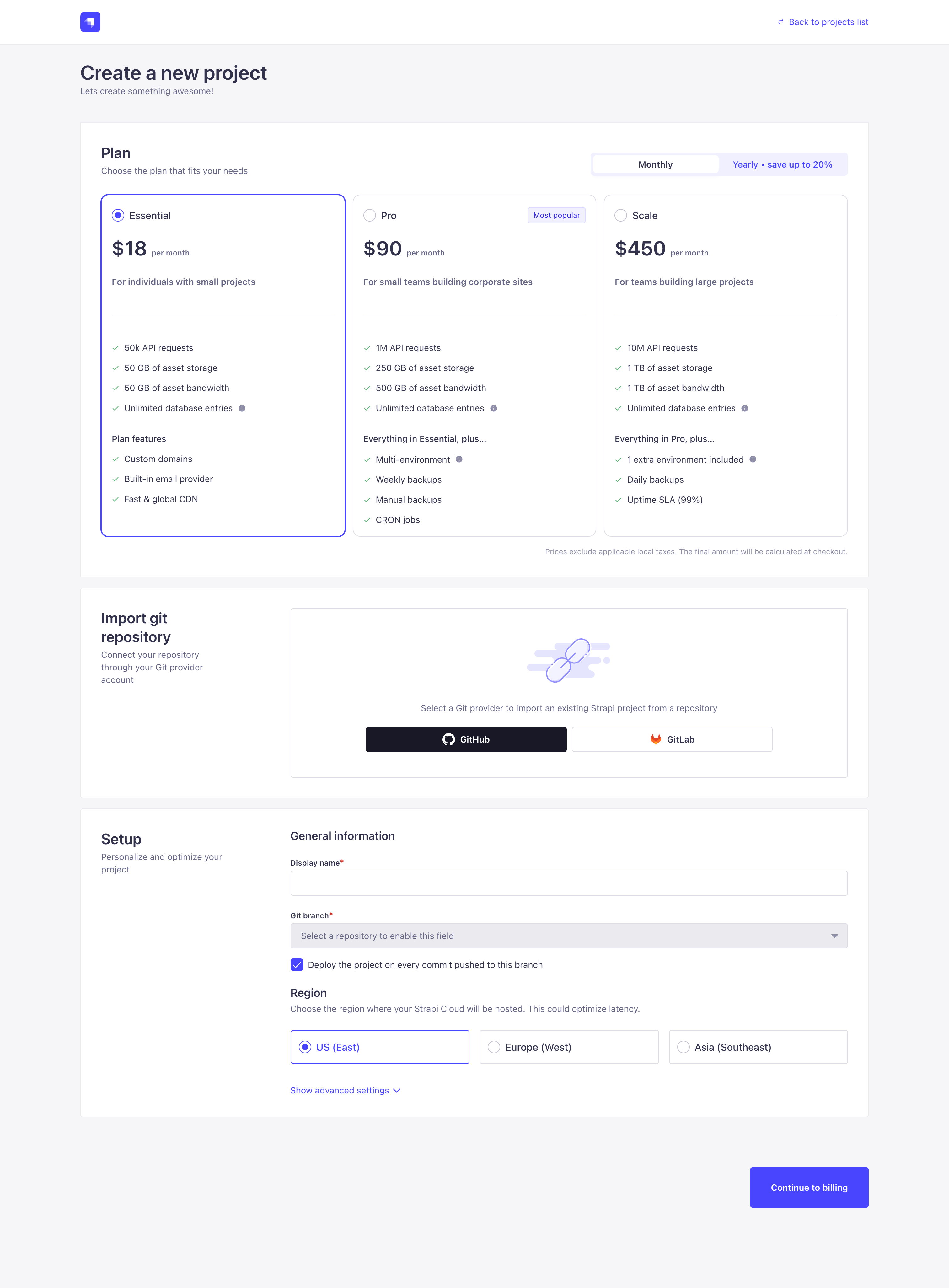 Strapi Cloud project creation, step 1